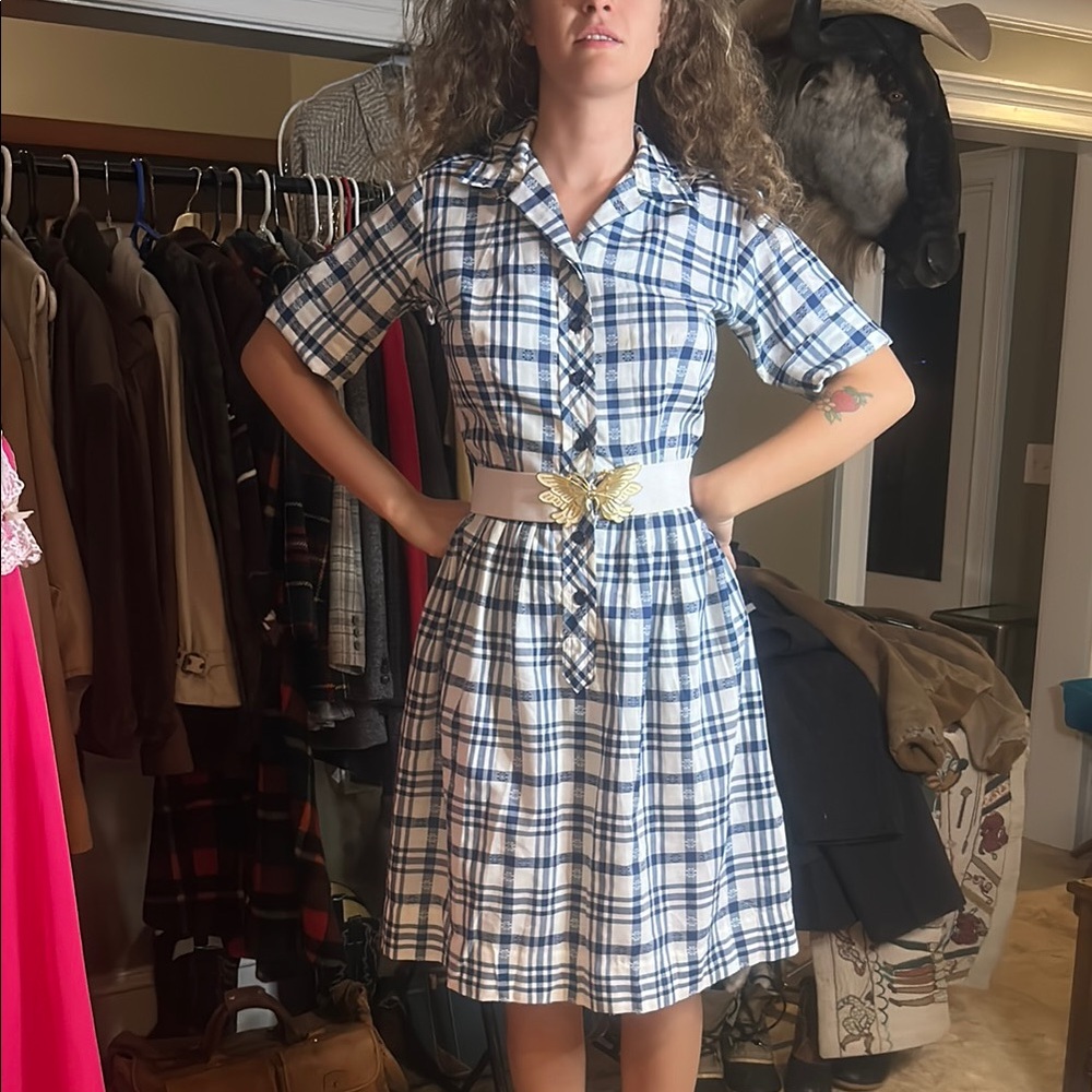 Vintage Country Miss Sz 10 Plaid Blue and White Women's Cotton Day Dress GVC